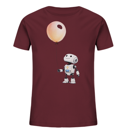 Onlineshop Shirts für Kinder - Das Bild zeigt ein dunkelrotes T-Shirt für Kinder, auf dem eine niedliche Grafik abgebildet ist. Zu sehen ist ein kleiner, weißer Roboter mit einem freundlichen Lächeln und großen Augen. Der Roboter hält mit einer Hand die Schnur eines großen, runden Ballons in einem hellen Orange- oder Gelbton. Dieses Design verleiht dem Shirt einen verspielten und fantasievollen Look, ideal für kleine Entdecker.