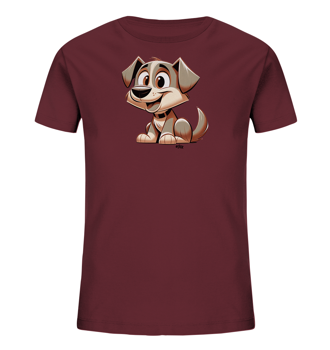 Onlineshop Shirts fuer Kinder - Das Bild zeigt ein dunkelrotes Kinder-T-Shirt mit einem grossen, freundlichen Cartoon-Hund auf der Vorderseite. Der Hund hat grosse Ohren und Augen und sitzt laechelnd da. Die Illustration ist im Comic-Stil gehalten und wirkt sehr verspielt. Es ist ein froehliches Motiv, ideal fuer Kinder.