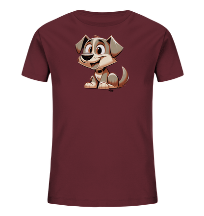 Onlineshop Shirts fuer Kinder - Das Bild zeigt ein dunkelrotes Kinder-T-Shirt mit einem grossen, freundlichen Cartoon-Hund auf der Vorderseite. Der Hund hat grosse Ohren und Augen und sitzt laechelnd da. Die Illustration ist im Comic-Stil gehalten und wirkt sehr verspielt. Es ist ein froehliches Motiv, ideal fuer Kinder.