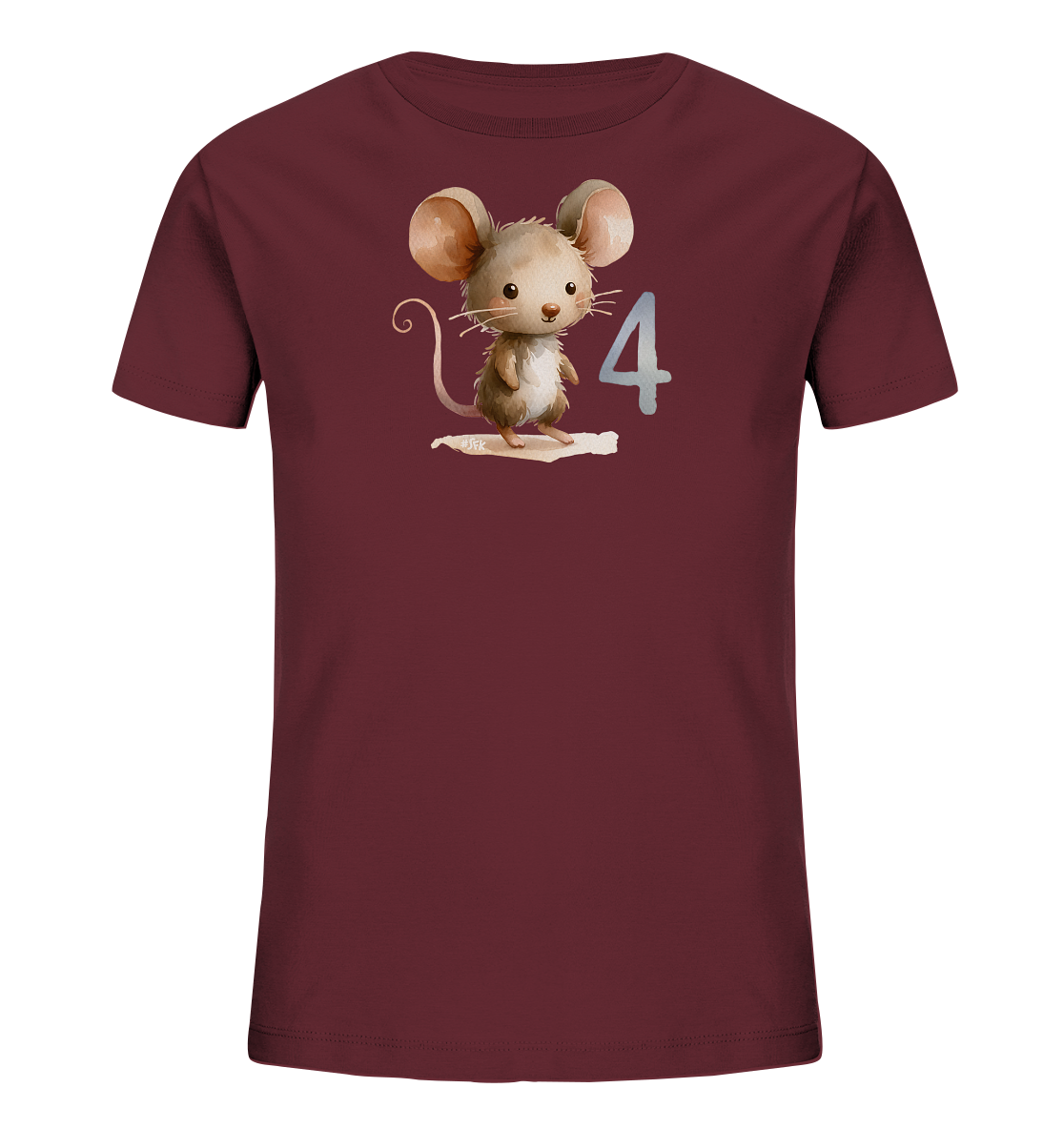 Onlineshop Shirts fuer Kinder - Das Bild zeigt ein dunkelrotes T-Shirt fuer Kinder mit einer suessen Illustration einer Maus auf der Vorderseite. Die Maus ist im Aquarell-Stil gezeichnet, hat grosse Ohren und einen freundlichen Blick. Neben der Maus ist die Zahl '4' in einem hellen Farbton abgebildet. Das Design wirkt verspielt und ansprechend.
