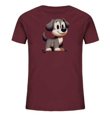 Onlineshop Shirts fuer Kinder - Das Bild zeigt ein dunkelrotes Kinder-T-Shirt mit einem Cartoon-Hundemotiv auf der Vorderseite. Der Hund ist grau mit beigen Akzenten, sitzt aufrecht und hat ein freundliches Laecheln. Die Illustration ist detailreich und farblich abgestimmt. Das Design ist verspielt und ansprechend fuer Kinder.