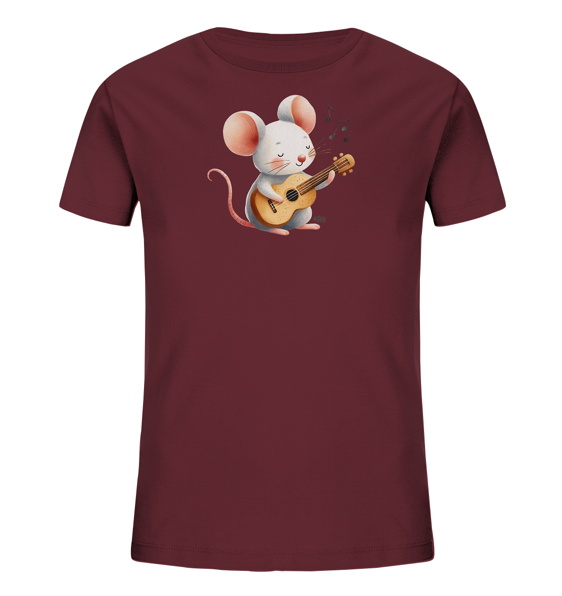 Onlineshop Shirts für Kinder - Das Bild zeigt ein dunkelrotes Kinder-T-Shirt mit einer liebevollen Illustration. Auf der Vorderseite ist eine weiße, cartoonartige Maus abgebildet, die eine kleine Gitarre spielt. Die Maus wirkt vergnügt, mit geschlossenen Augen und Noten, die über ihr schweben. Dieses Motiv verleiht dem T-Shirt einen fröhlichen und musikalischen Charakter.