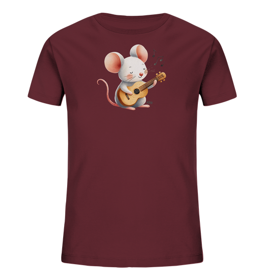 Onlineshop Shirts für Kinder - Das Bild zeigt ein dunkelrotes Kinder-T-Shirt mit einer liebevollen Illustration. Auf der Vorderseite ist eine weiße, cartoonartige Maus abgebildet, die eine kleine Gitarre spielt. Die Maus wirkt vergnügt, mit geschlossenen Augen und Noten, die über ihr schweben. Dieses Motiv verleiht dem T-Shirt einen fröhlichen und musikalischen Charakter.