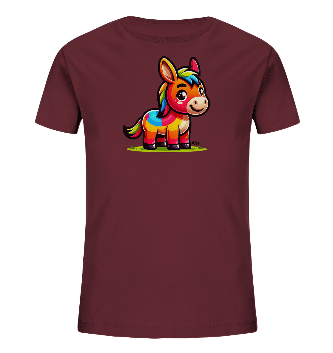 Onlineshop Shirts fuer Kinder - Das Bild zeigt ein burgunderrotes T-Shirt fuer Kinder. Auf der Vorderseite ist eine bunte Illustration eines kleinen Esels zu sehen. Der Esel hat ein froehliches Aussehen und ein mehrfarbiges Fell in verschiedenen leuchtenden Farbtoenen. Das Design wirkt insgesamt sehr farbenfroh und kindgerecht.