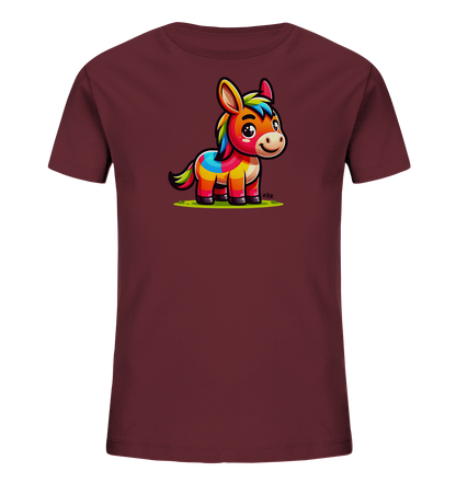 Onlineshop Shirts fuer Kinder - Das Bild zeigt ein burgunderrotes T-Shirt fuer Kinder. Auf der Vorderseite ist eine bunte Illustration eines kleinen Esels zu sehen. Der Esel hat ein froehliches Aussehen und ein mehrfarbiges Fell in verschiedenen leuchtenden Farbtoenen. Das Design wirkt insgesamt sehr farbenfroh und kindgerecht.