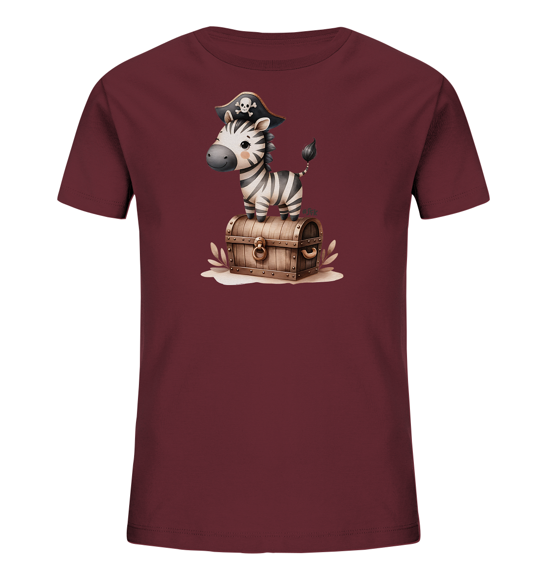 Onlineshop Shirts fuer Kinder - Dieses bordeauxrote T-Shirt zeigt eine niedliche Grafik eines kleinen Zebras mit einem Piratenhut. Das Zebra steht auf einer detailreichen Schatztruhe. Die Illustration im Cartoon-Stil ist umgeben von angedeutetem Untergrund und verleiht dem Shirt einen abenteuerlichen Look.