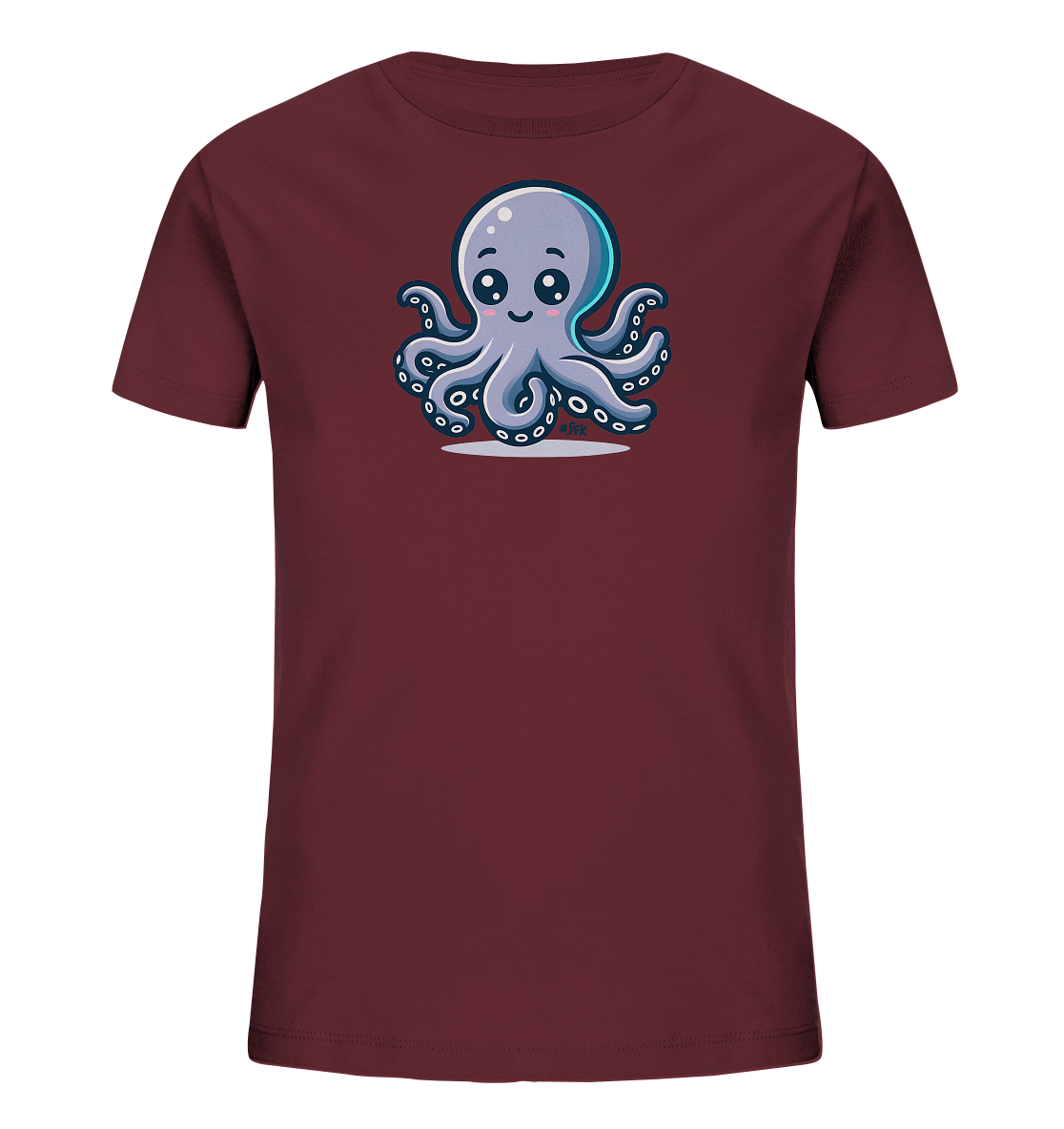 Onlineshop Shirts fuer Kinder - Das Bild zeigt ein dunkelrotes Kinder-T-Shirt. Auf der Vorderseite ist eine niedliche, cartoonartige Illustration eines Oktopus zu sehen. Der Oktopus ist lila-grau, hat grosse, freundliche Augen und laechelt mit rosa Wangen. Er sitzt aufrecht mit ausgebreiteten Tentakeln, die Saugnaepfe zeigen.