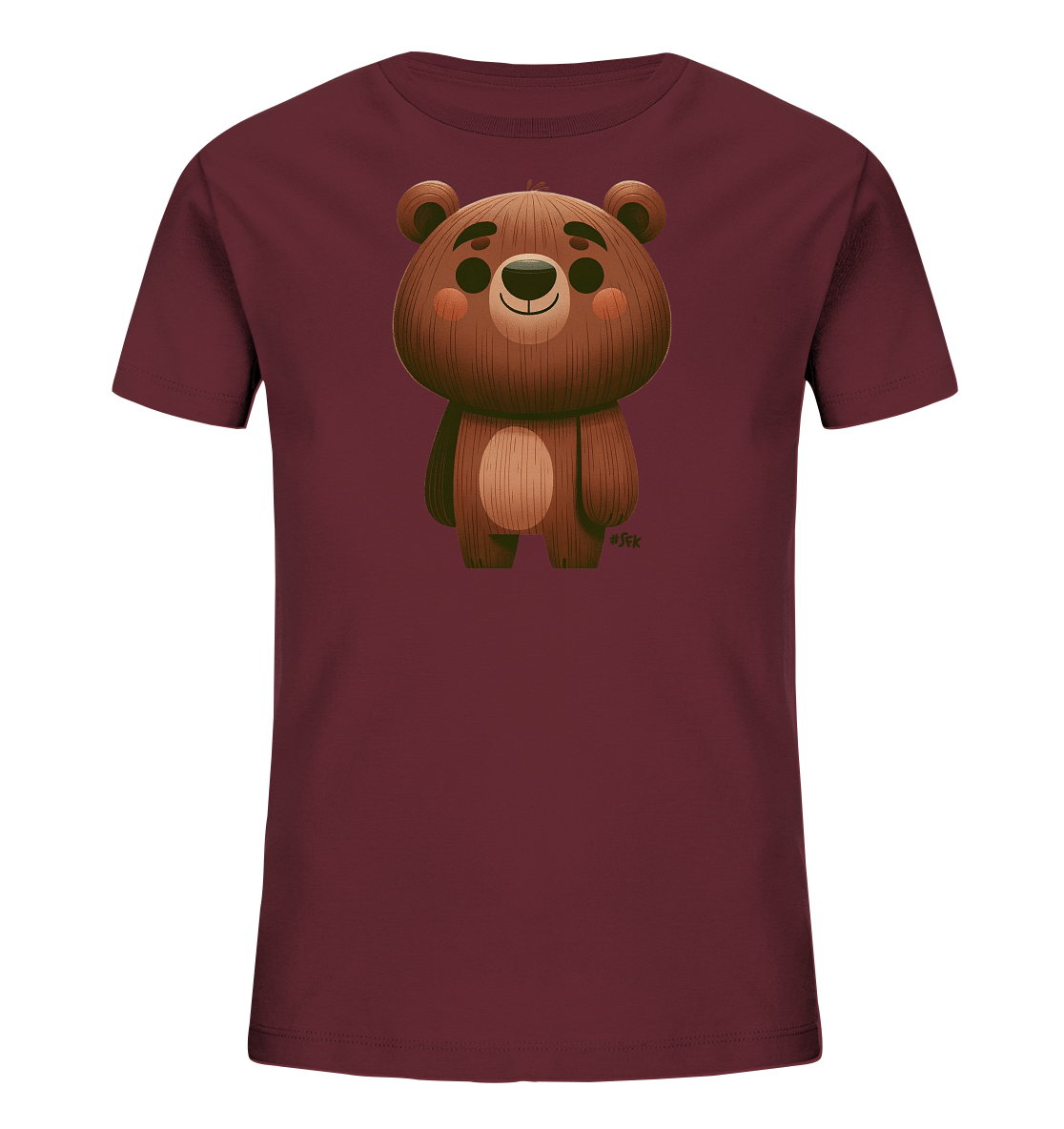 Onlineshop Shirts fuer Kinder - Das Bild zeigt ein weinrotes Kinder-T-Shirt mit einem charmanten, stilisierten Baerenmotiv auf der Vorderseite. Der Baer ist in Brauntoenen gehalten und hat eine sichtbare Holzmaserungsstruktur im Design. Er laechelt freundlich und hat hervorgehobene Wangen. Dieses Design verleiht dem Shirt einen natuerlichen und verspielten Look.