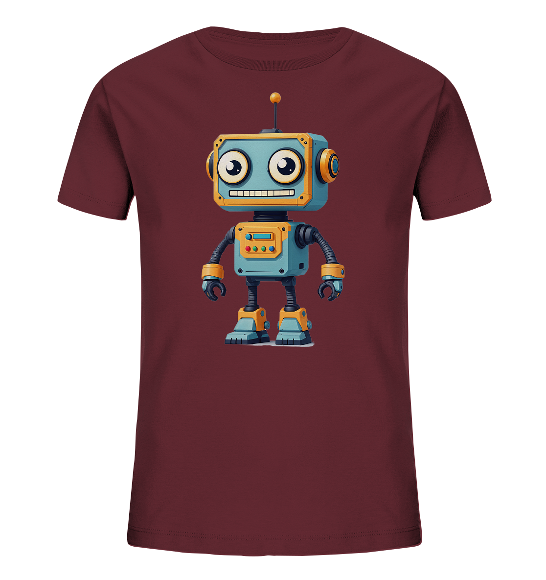 Onlineshop Shirts für Kinder - Das Bild zeigt ein weinrotes Kinder-T-Shirt mit einem farbenfrohen Robotermotiv auf der Vorderseite. Der Roboter im Cartoon-Stil ist überwiegend blau mit gelben und orangen Akzenten, großen Augen und einem breiten Lächeln. Er hat flexible, gerippte Arme und Beine sowie eine Antenne auf dem Kopf. Das Design ist zentriert auf dem Shirt platziert und wirkt freundlich und verspielt.