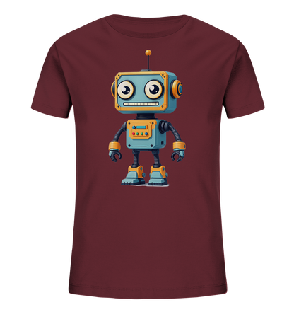 Onlineshop Shirts für Kinder - Das Bild zeigt ein weinrotes Kinder-T-Shirt mit einem farbenfrohen Robotermotiv auf der Vorderseite. Der Roboter im Cartoon-Stil ist überwiegend blau mit gelben und orangen Akzenten, großen Augen und einem breiten Lächeln. Er hat flexible, gerippte Arme und Beine sowie eine Antenne auf dem Kopf. Das Design ist zentriert auf dem Shirt platziert und wirkt freundlich und verspielt.