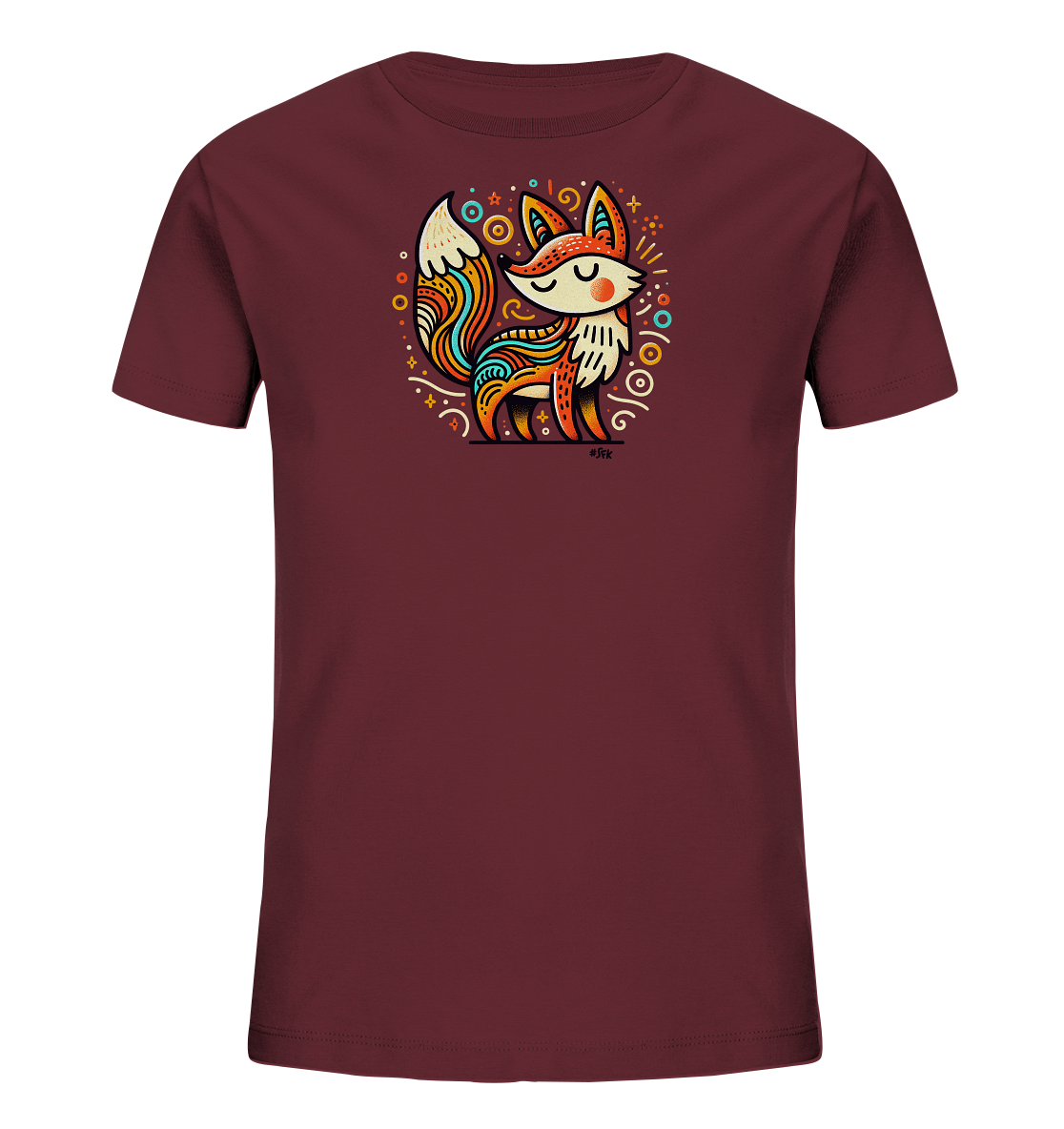 Onlineshop Shirts fuer Kinder - Das Bild zeigt ein Kinder-T-Shirt in einem warmen Burgunderrot. Auf der Vorderseite befindet sich eine bunte Illustration eines sitzenden Fuchses im stilisierten Folk-Art Design. Der Fuchs ist von verschiedenen geometrischen Formen, Kreisen und Sternen umgeben. Das Design ist farbenfroh und detailreich, mit Mustern auf dem Koerper und Schwanz des Fuchses.