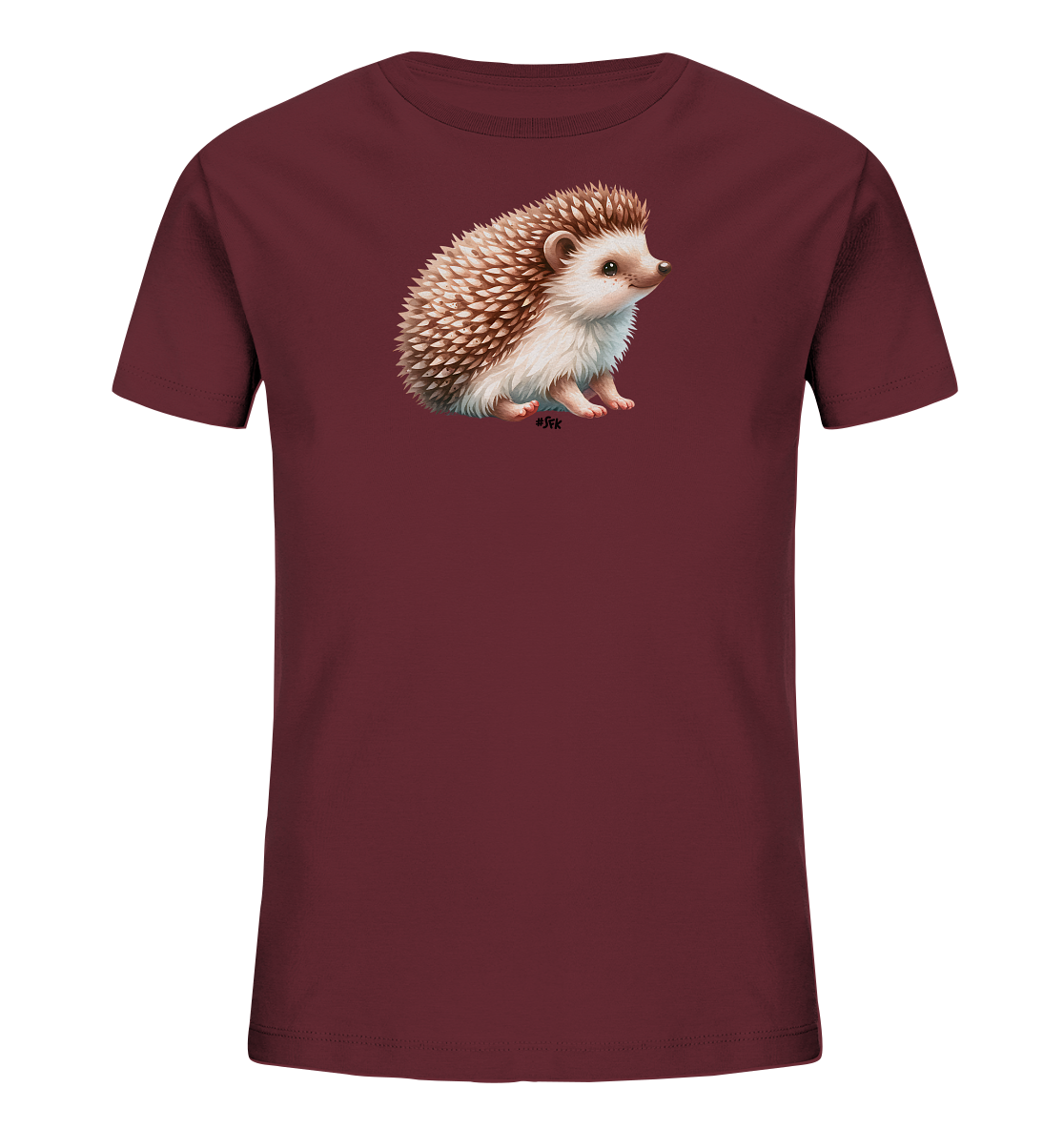 Onlineshop Shirts fuer Kinder - Das Bild zeigt ein dunkelrotes T-Shirt fuer Kinder mit einem detaillierten Igelmotiv auf der Vorderseite. Der Igel ist in natuerlichen Braun- und Weisstoenen dargestellt und sitzt in einer aufrechten Position. Die Illustration ist realistisch und ansprechend gestaltet, was dem Shirt einen charmanten Look verleiht. Es ist ein einfaches, aber suesses Design.