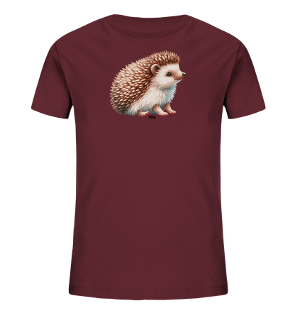 Onlineshop Shirts fuer Kinder - Das Bild zeigt ein dunkelrotes T-Shirt fuer Kinder mit einem detaillierten Igelmotiv auf der Vorderseite. Der Igel ist in natuerlichen Braun- und Weisstoenen dargestellt und sitzt in einer aufrechten Position. Die Illustration ist realistisch und ansprechend gestaltet, was dem Shirt einen charmanten Look verleiht. Es ist ein einfaches, aber suesses Design.