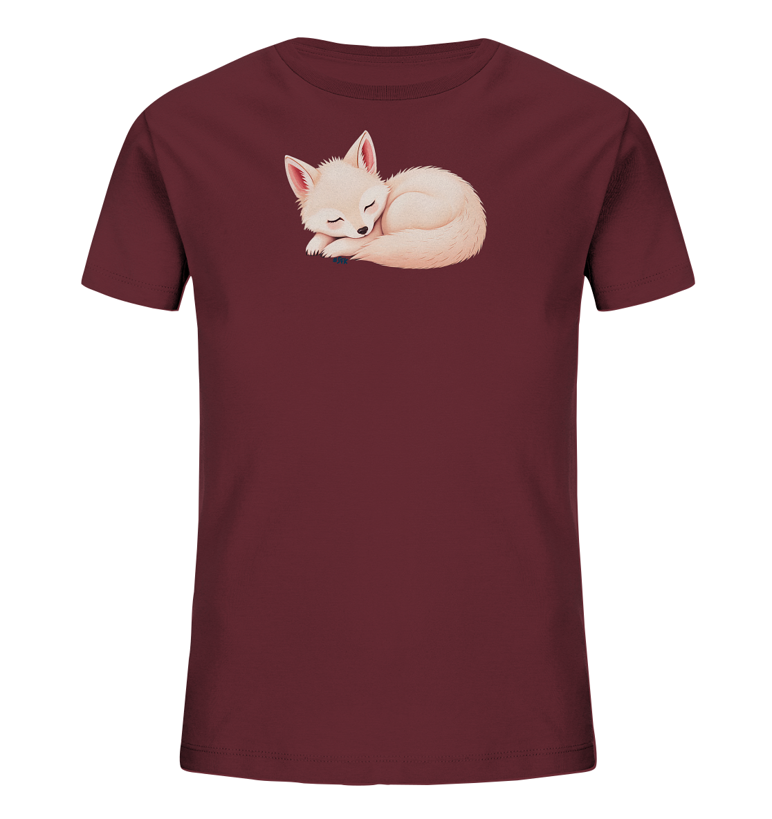 Onlineshop Shirts fuer Kinder - Das Bild zeigt ein dunkelrotes Kinder-T-Shirt. Auf der Vorderseite befindet sich eine reizende Illustration eines schlafenden, hellfarbenen Fuchses. Der Fuchs ist friedlich zusammengerollt, mit geschlossenen Augen. Dieses Design verleiht dem Shirt einen ruhigen und niedlichen Charakter.