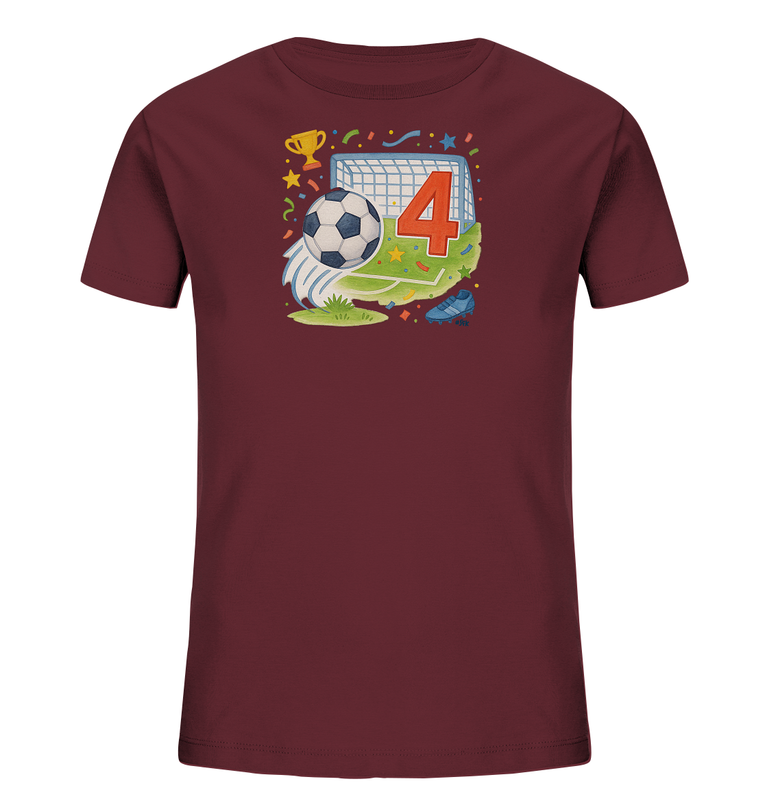 Onlineshop Shirts fuer Kinder - Das Bild zeigt ein burgunderrotes Kinder-T-Shirt mit einem lebendigen Fussball-Motiv. Auf dem Shirt ist ein Fussballfeld mit Tor, einem Ball und Fussballschuhen abgebildet. Die Zahl '4' ist prominent im Tor platziert und von konfettiaehnlichen Elementen umgeben. Ein goldener Pokal rundet das sportliche Design ab.