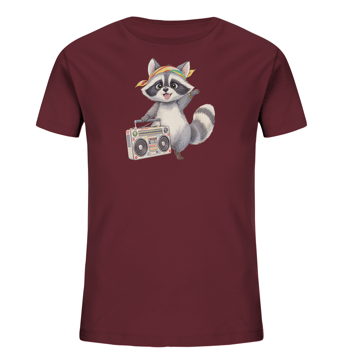 Onlineshop Shirts fuer Kinder - Das Bild zeigt ein schlichtes, dunkelrotes T-Shirt fuer Kinder. Auf der Vorderseite ist ein verspielter Waschbaer mit einem bunten Kopftuch abgebildet. Der Waschbaer haelt eine Retro-Boombox und winkt freundlich, was dem Design eine froehliche Note verleiht. Die Gestaltung wirkt lebendig und ansprechend.