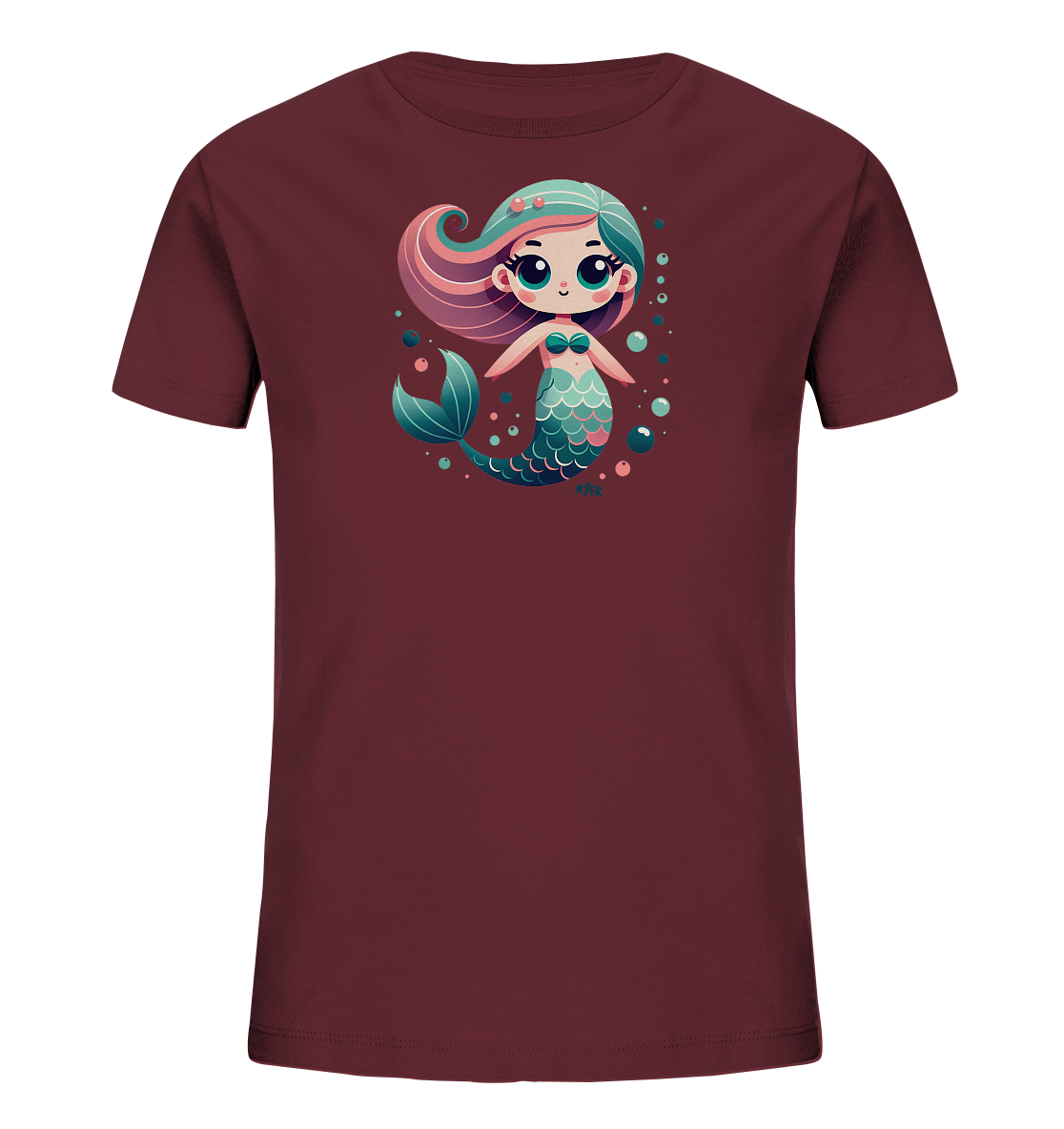 Onlineshop Shirts fuer Kinder - Das Bild zeigt ein dunkelrotes Kinder-T-Shirt mit einer niedlichen Illustration einer Meerjungfrau. Die Meerjungfrau hat blau-rosa Haare, einen tuerkisfarbenen Schwanz und ist von kleinen Blasen umgeben. Das farbenfrohe und detaillierte Design verleiht dem Shirt einen verspielten Charakter. Es ist eine neutrale Ansicht des Produkts.