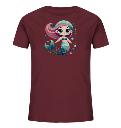 Onlineshop Shirts fuer Kinder - Das Bild zeigt ein dunkelrotes Kinder-T-Shirt mit einer niedlichen Illustration einer Meerjungfrau. Die Meerjungfrau hat blau-rosa Haare, einen tuerkisfarbenen Schwanz und ist von kleinen Blasen umgeben. Das farbenfrohe und detaillierte Design verleiht dem Shirt einen verspielten Charakter. Es ist eine neutrale Ansicht des Produkts.