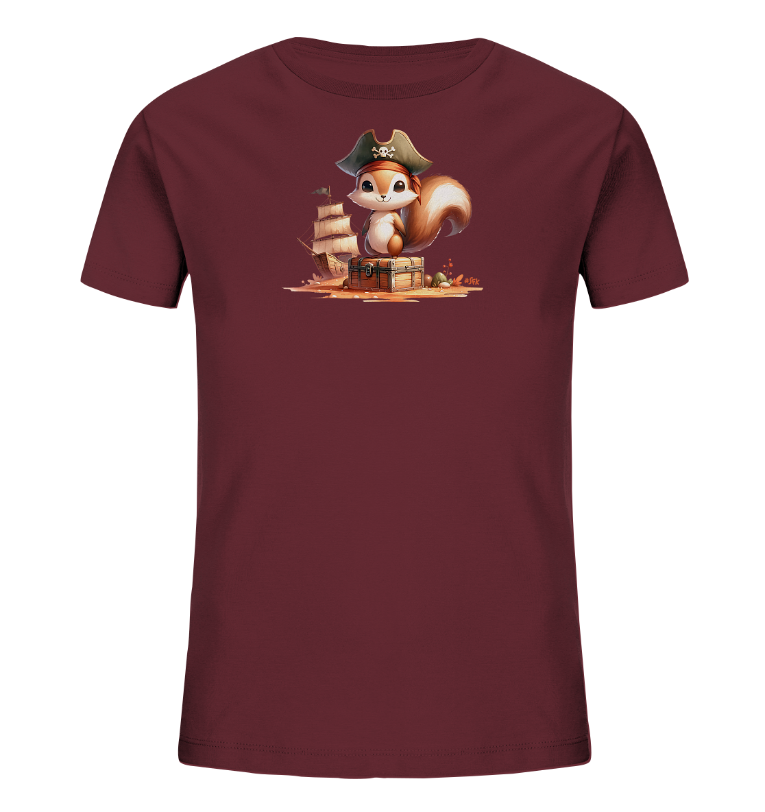Onlineshop Shirts fuer Kinder - Dieses dunkelrote T-Shirt fuer Kinder zeigt ein suesses Eichhoernchen im Piratenkostuem. Das Eichhoernchen traegt einen Piratenhut und sitzt auf einer Schatzkiste an einem Strand. Im Hintergrund ist ein Segelschiff zu sehen, was dem Motiv eine abenteuerliche Note verleiht. Das Design ist detailliert und farbenfroh.