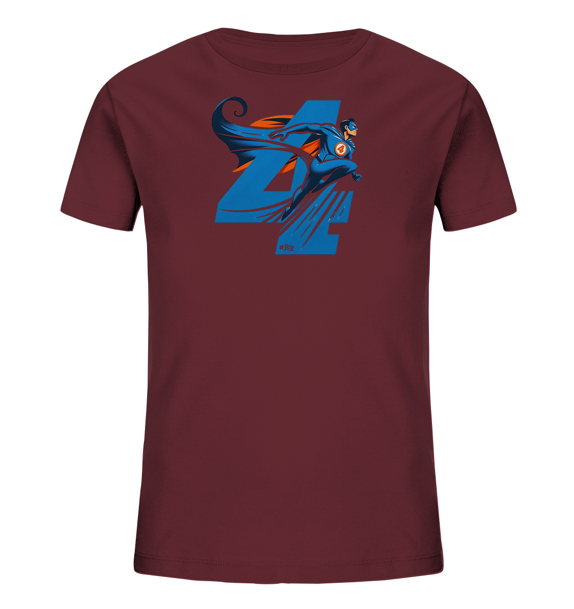 Onlineshop Shirts fuer Kinder - Das Bild zeigt ein Kinder-T-Shirt in einem dunklen Rotton. Auf der Vorderseite ist eine grosse, stilisierte Zahl '4' in Blau zu sehen. In das Design der Zahl ist eine dynamische Figur in einem blau-orangen Superheldenkostuem mit wehendem Umhang integriert. Die Grafik wirkt kraftvoll und bewegt.