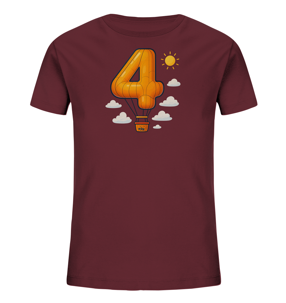 Onlineshop Shirts fuer Kinder - Das Bild zeigt ein bordeauxrotes Kinder-T-Shirt mit einem grossen, orangen Heissluftballonmotiv auf der Vorderseite. Der Ballon ist wie die Ziffer 4 gestaltet und schwebt zwischen stilisierten weissen Wolken. Eine kleine gelbe Sonne ist ebenfalls Teil des Designs. Dieses froehliche Motiv ist ideal fuer den vierten Geburtstag.