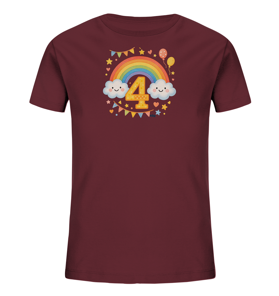 Onlineshop Shirts fuer Kinder - Das Bild zeigt ein dunkelrotes T-Shirt fuer Kinder mit einem farbenfrohen Motiv auf der Vorderseite. Zentral ist eine grosse, gelbe Zahl 4 unter einem klassischen Regenbogen platziert. Das Design wird von froehlichen Elementen wie laechelnden Wolken, Ballons, Sternen, Herzen und einer kleinen Girlande umrahmt. Es ist ein detaillierter und festlicher Druck.
