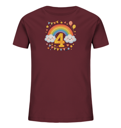 Onlineshop Shirts fuer Kinder - Das Bild zeigt ein dunkelrotes T-Shirt fuer Kinder mit einem farbenfrohen Motiv auf der Vorderseite. Zentral ist eine grosse, gelbe Zahl 4 unter einem klassischen Regenbogen platziert. Das Design wird von froehlichen Elementen wie laechelnden Wolken, Ballons, Sternen, Herzen und einer kleinen Girlande umrahmt. Es ist ein detaillierter und festlicher Druck.