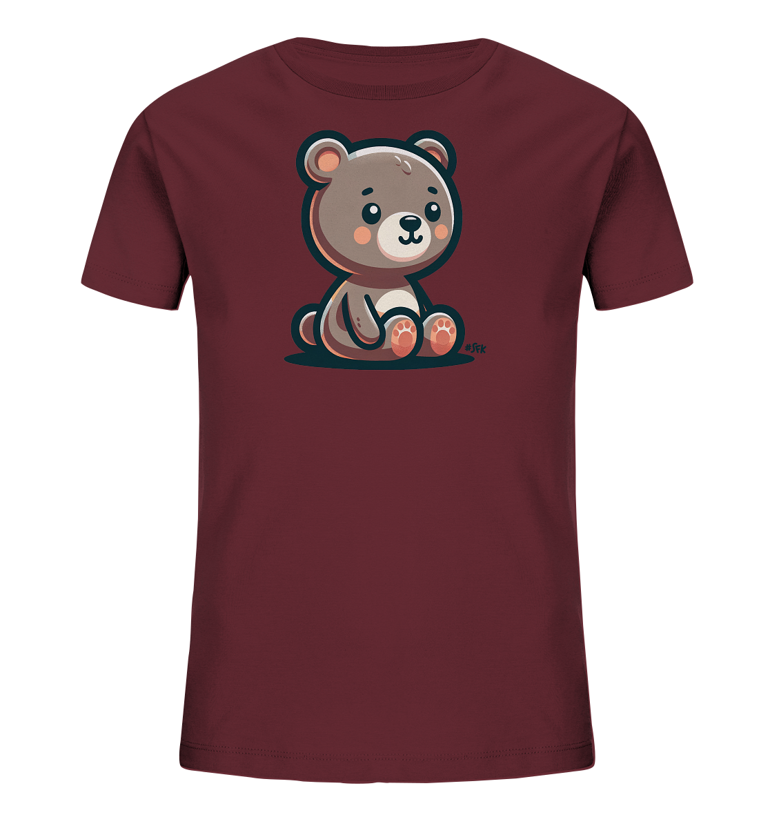 Onlineshop Shirts fuer Kinder - Das Bild zeigt ein Kindert-Shirt in einem dunklen Bordeauxrot. Auf der Vorderseite ist eine suesse, cartoonartige Illustration eines sitzenden Baeren zu sehen. Der Baer hat ein freundliches Gesicht, grosse Ohren und Details wie rosa Wangen und Pfotenballen. Das Design ist schlicht und charmant, ideal fuer Kinder.