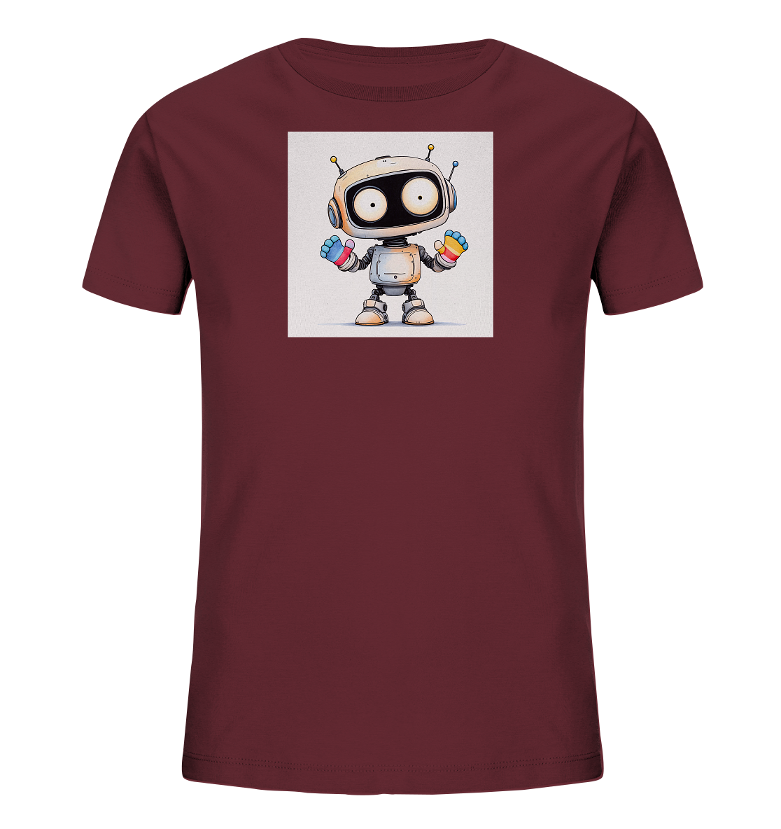 Onlineshop Shirts für Kinder - Das Bild zeigt ein dunkelrotes Kinder-T-Shirt mit einem quadratischen Aufdruck in der Mitte der Vorderseite. Der Aufdruck zeigt eine cartoonartige Illustration eines kleinen weißen Roboters. Der Roboter hat große schwarze Augen, Antennen am Kopf und seine Hände sind mit Streifen in Regenbogenfarben gestaltet. Das Design ist freundlich und verspielt, ideal für ein Kinder-T-Shirt.