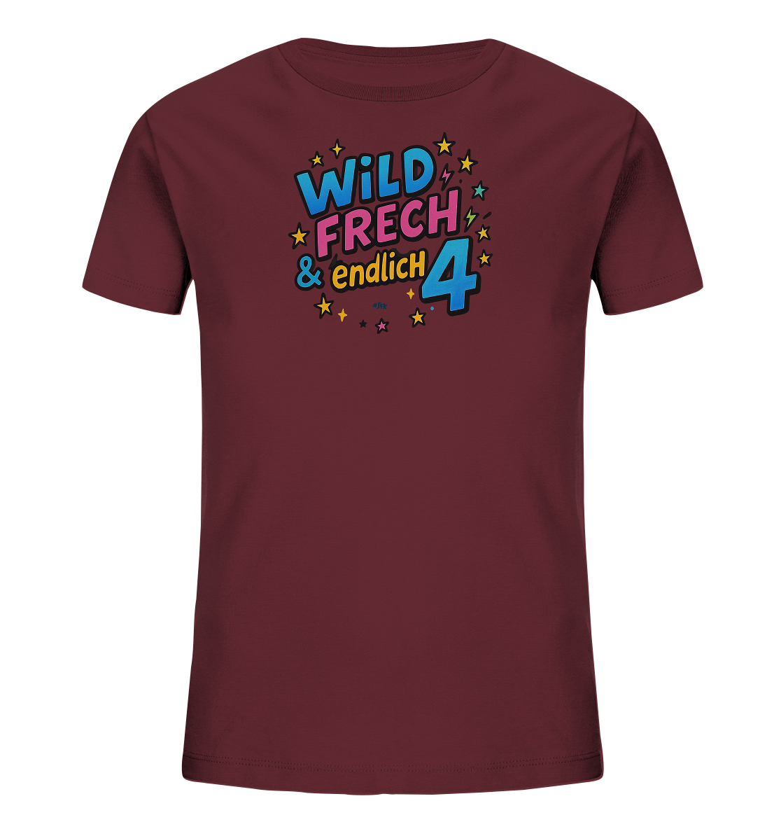 Onlineshop Shirts fuer Kinder - Dieses T-Shirt in Weinrot zeigt einen bunten Aufdruck fuer den 4. Geburtstag. Der Comic-Stil Text 'WILD FRECH & endlich' umrahmt die grosse Zahl 4. Kleine Sterne und Blitze ergaenzen das froehliche Design.