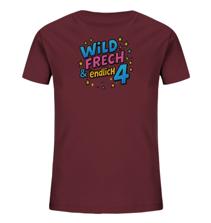 Onlineshop Shirts fuer Kinder - Dieses T-Shirt in Weinrot zeigt einen bunten Aufdruck fuer den 4. Geburtstag. Der Comic-Stil Text 'WILD FRECH & endlich' umrahmt die grosse Zahl 4. Kleine Sterne und Blitze ergaenzen das froehliche Design.