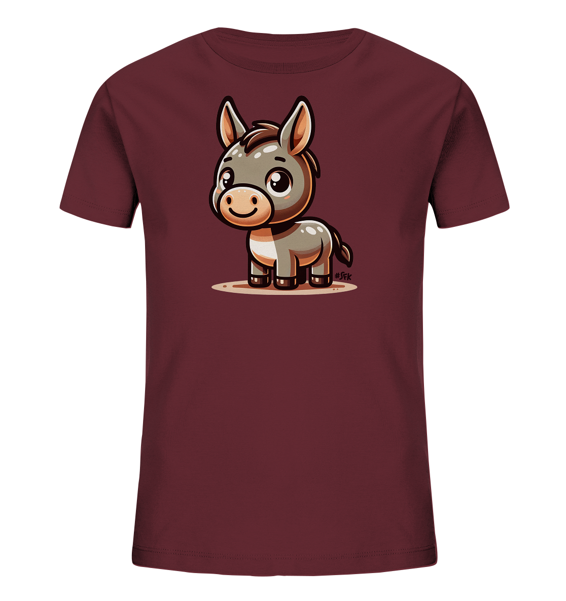 Onlineshop Shirts fuer Kinder - Das Bild zeigt ein dunkelrotes Kinder-T-Shirt mit einer niedlichen Illustration auf der Vorderseite. Das Motiv stellt einen freundlichen Cartoon-Esel dar. Der Esel hat grosse Augen, ein breites Laecheln und steht auf einem kleinen sandfarbenen Untergrund. Das Design ist verspielt und ansprechend gestaltet.