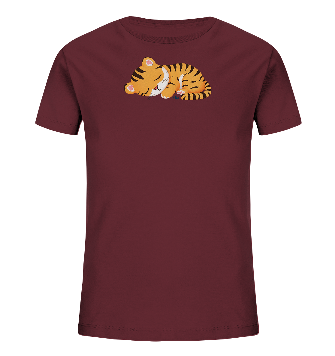 Onlineshop Shirts fuer Kinder - Das Bild zeigt ein dunkelrotes Kinder-T-Shirt mit einem niedlichen Aufdruck eines schlafenden Tigerbabys. Das orange-schwarz gestreifte Tigerjunges liegt friedlich zusammengerollt und hat die Augen geschlossen. Die Illustration ist zentral auf der Vorderseite des Shirts platziert und besticht durch sanfte Farben. Dieses charmante Design verleiht dem T-Shirt einen liebevollen und entspannten Charakter.