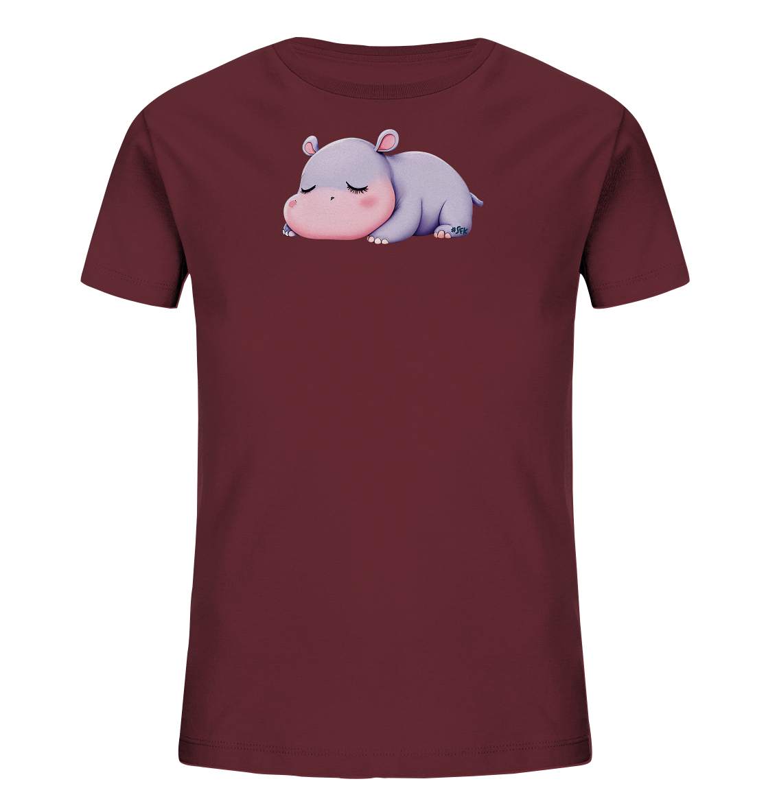 Onlineshop Shirts fuer Kinder - Das Bild zeigt ein bordeauxrotes Kinder-T-Shirt mit einer niedlichen Illustration eines schlafenden Nilpferds auf der Vorderseite. Das Nilpferd ist in sanften Lila- und Rosatoenen dargestellt, mit geschlossenen Augen und einem friedlichen Gesichtsausdruck. Das ruhige Motiv passt gut zum schlichten Design des Shirts, das in einem dezenten Farbton gehalten ist. Die Gesamtgestaltung ist ansprechend und harmonisch.