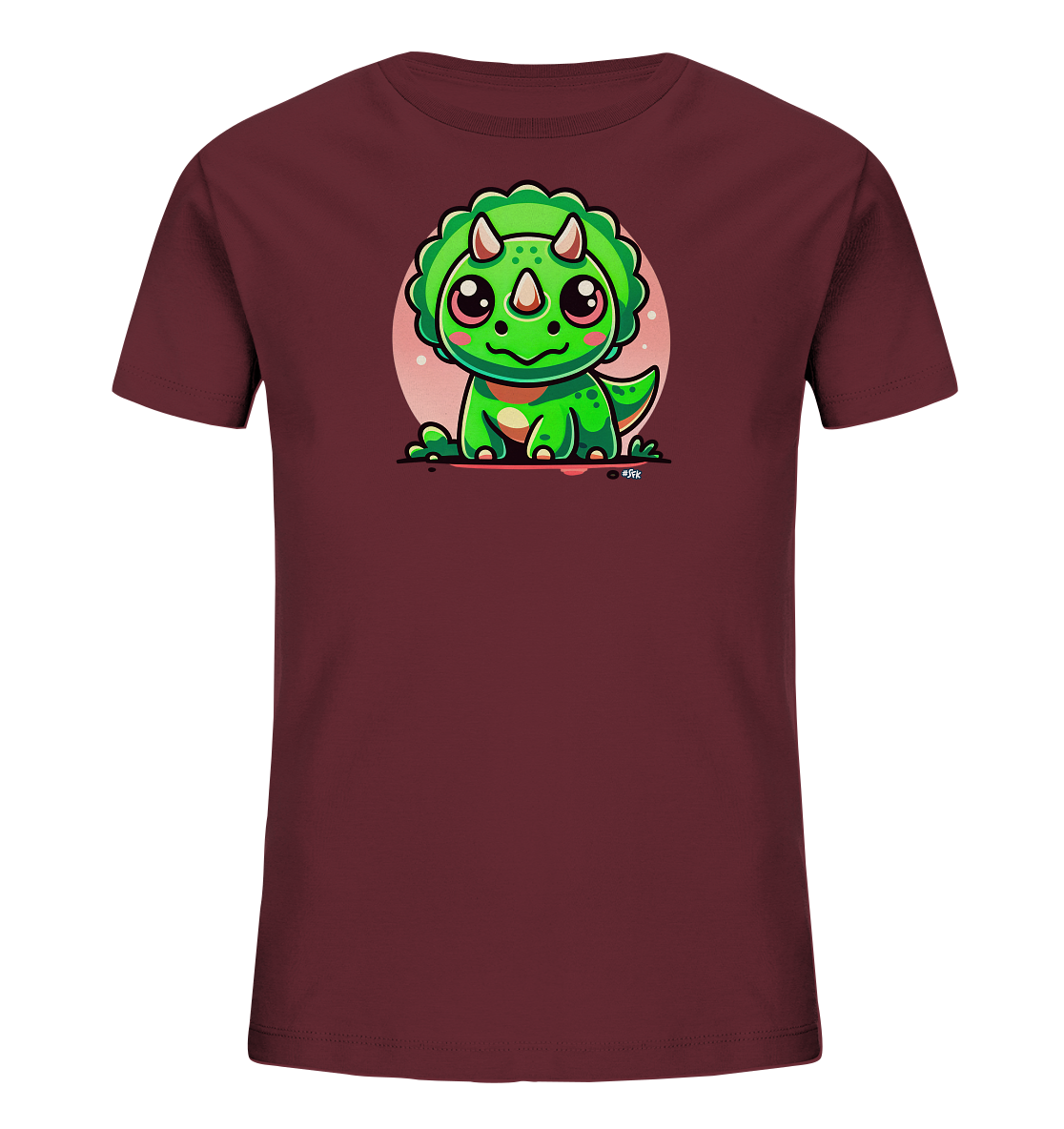 Onlineshop Shirts fuer Kinder - Das Bild zeigt ein bordeauxrotes Kinder-T-Shirt mit einem niedlichen Comic-Dinosaurier-Motiv auf der Vorderseite. Der gruene Dinosaurier, der einem Baby-Triceratops aehnelt, hat grosse Augen, rosige Wangen und sitzt vor einem hellrosa Kreis. Die Darstellung ist farbenfroh und verspielt.