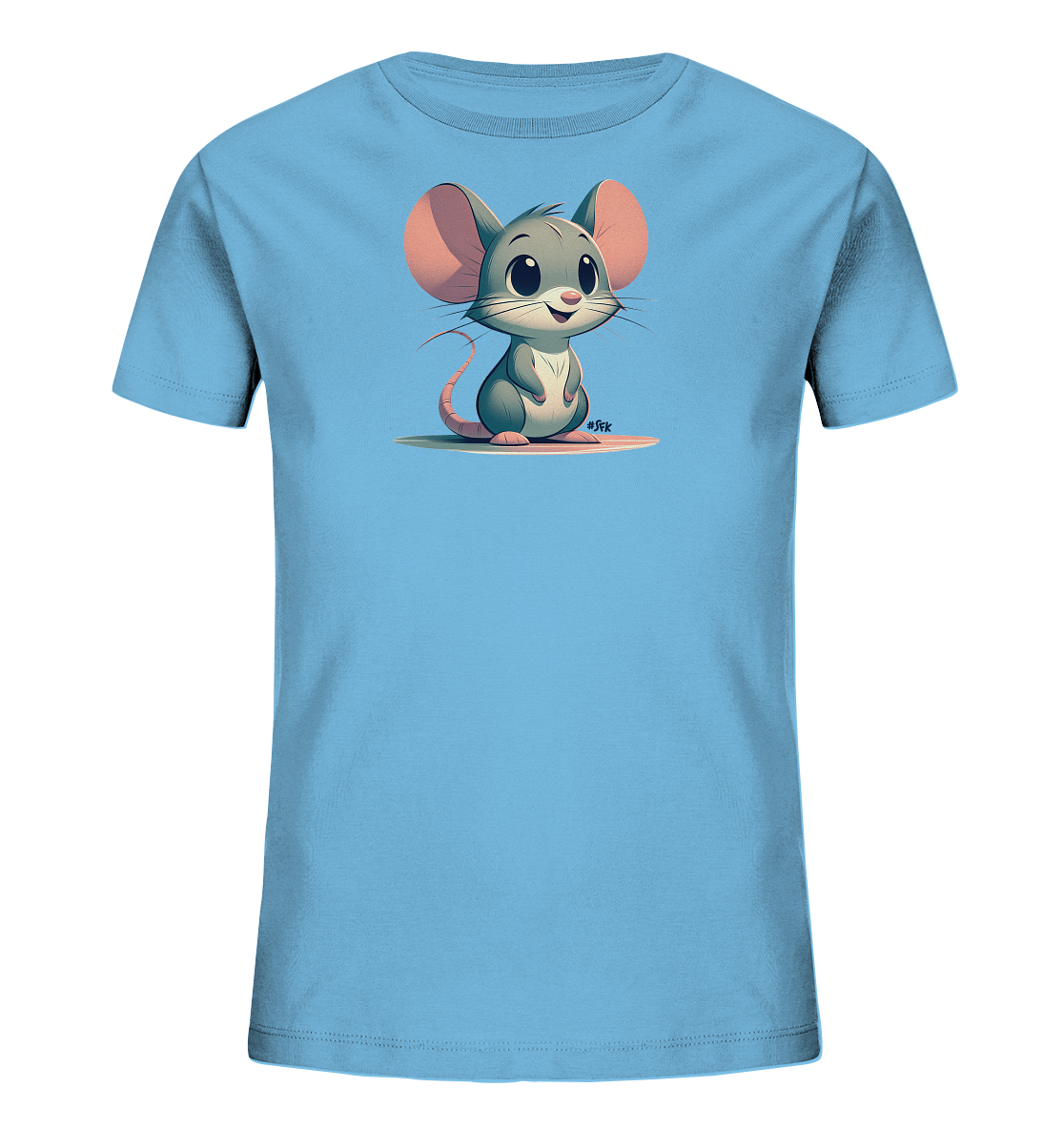 Onlineshop Shirts fuer Kinder - Dieses hellblaue T-Shirt fuer Kinder zeigt eine freundliche, graue Cartoon-Maus auf der Vorderseite. Die Maus hat grosse rosa Ohren und einen langen Schwanz, sitzt aufrecht und laechelt. Sie sitzt auf einem farblich abgesetzten, ovalen Bereich. Das Design wirkt froehlich und ist gut sichtbar auf dem Shirt platziert.