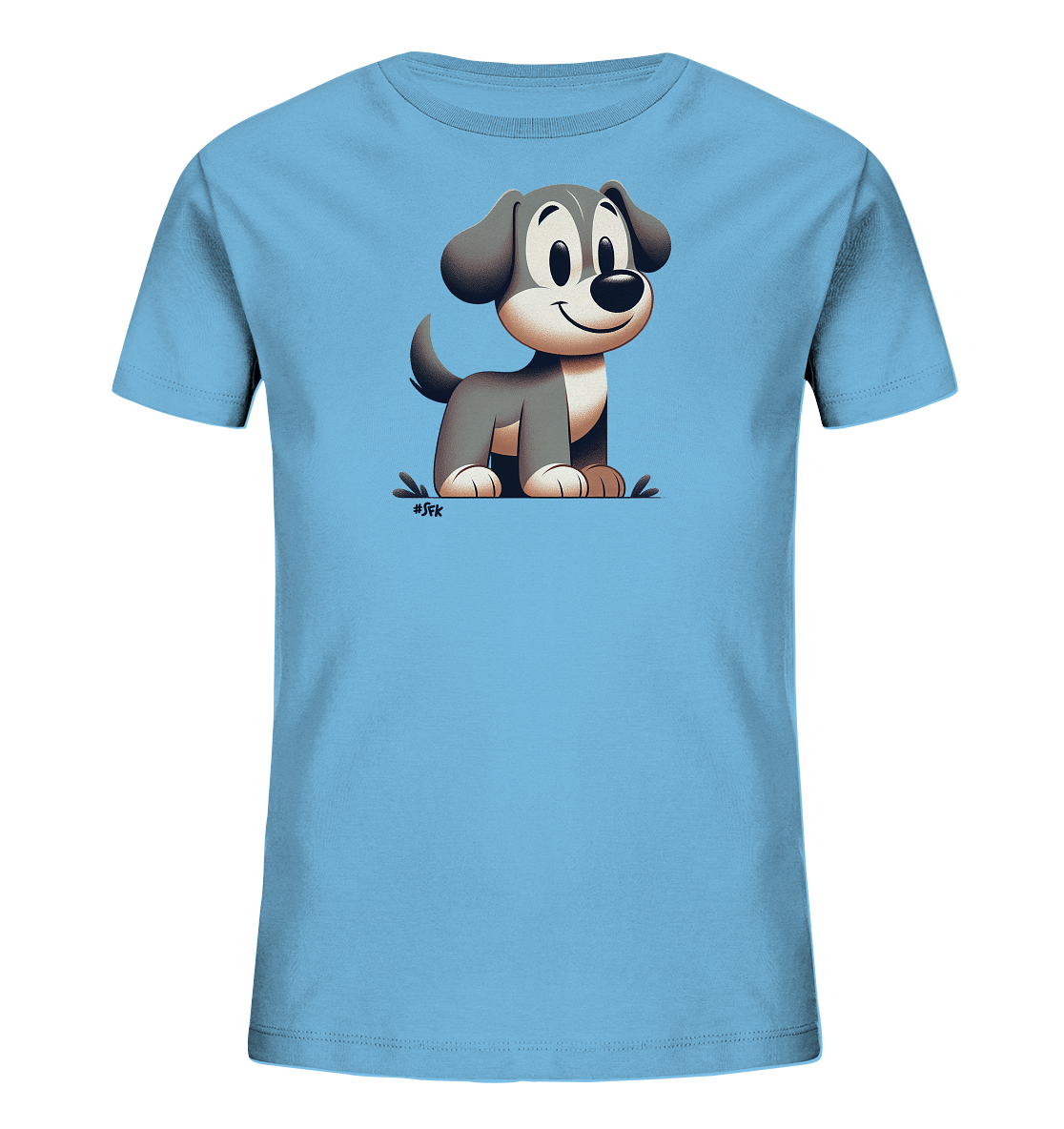 Onlineshop Shirts fuer Kinder - Das Bild zeigt ein hellblaues Kinder-T-Shirt mit einem freundlichen Cartoon-Hund auf der Vorderseite. Der Hund sitzt aufrecht und hat ein breites Laecheln, mit grossen Augen und Ohren. Die Illustration ist detailreich gestaltet und verleiht dem Shirt einen verspielten Look. Ein niedliches Motiv fuer kleine Tierfreunde.