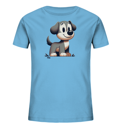 Onlineshop Shirts fuer Kinder - Das Bild zeigt ein hellblaues Kinder-T-Shirt mit einem freundlichen Cartoon-Hund auf der Vorderseite. Der Hund sitzt aufrecht und hat ein breites Laecheln, mit grossen Augen und Ohren. Die Illustration ist detailreich gestaltet und verleiht dem Shirt einen verspielten Look. Ein niedliches Motiv fuer kleine Tierfreunde.