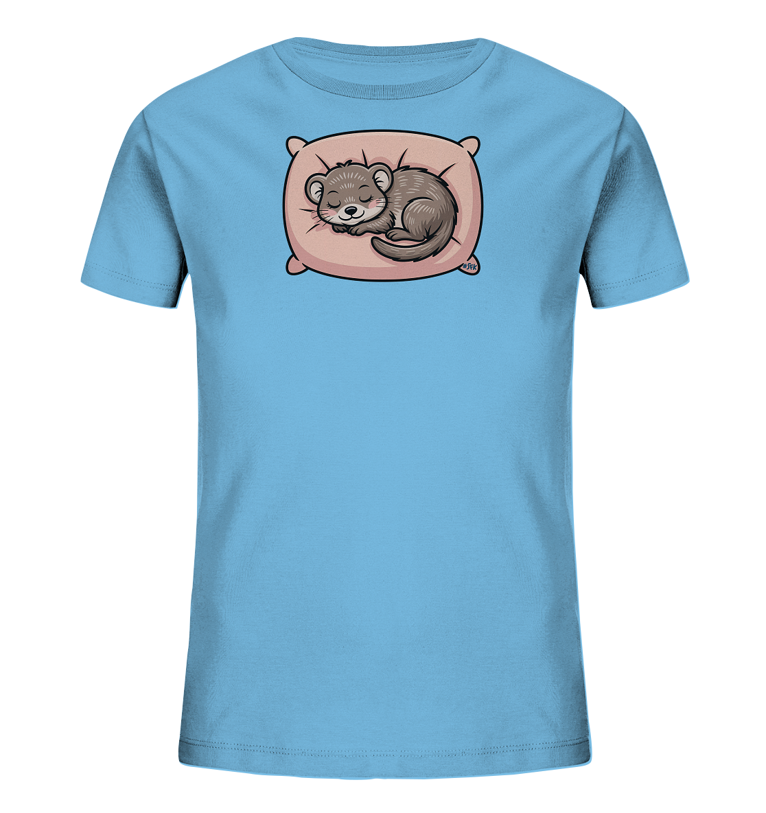 Onlineshop Shirts fuer Kinder - Das Bild zeigt ein hellblaues Kinder-T-Shirt. Auf der Vorderseite ist eine schlafende Maus auf einem rosa Kissen abgebildet. Das niedliche Motiv des grauen Nagers, der friedlich eingerollt schlummert, wirkt beruhigend. Die Darstellung ist detailliert und in sanften Farben gehalten, was dem Shirt einen charmanten und gemuetlichen Charakter verleiht.
