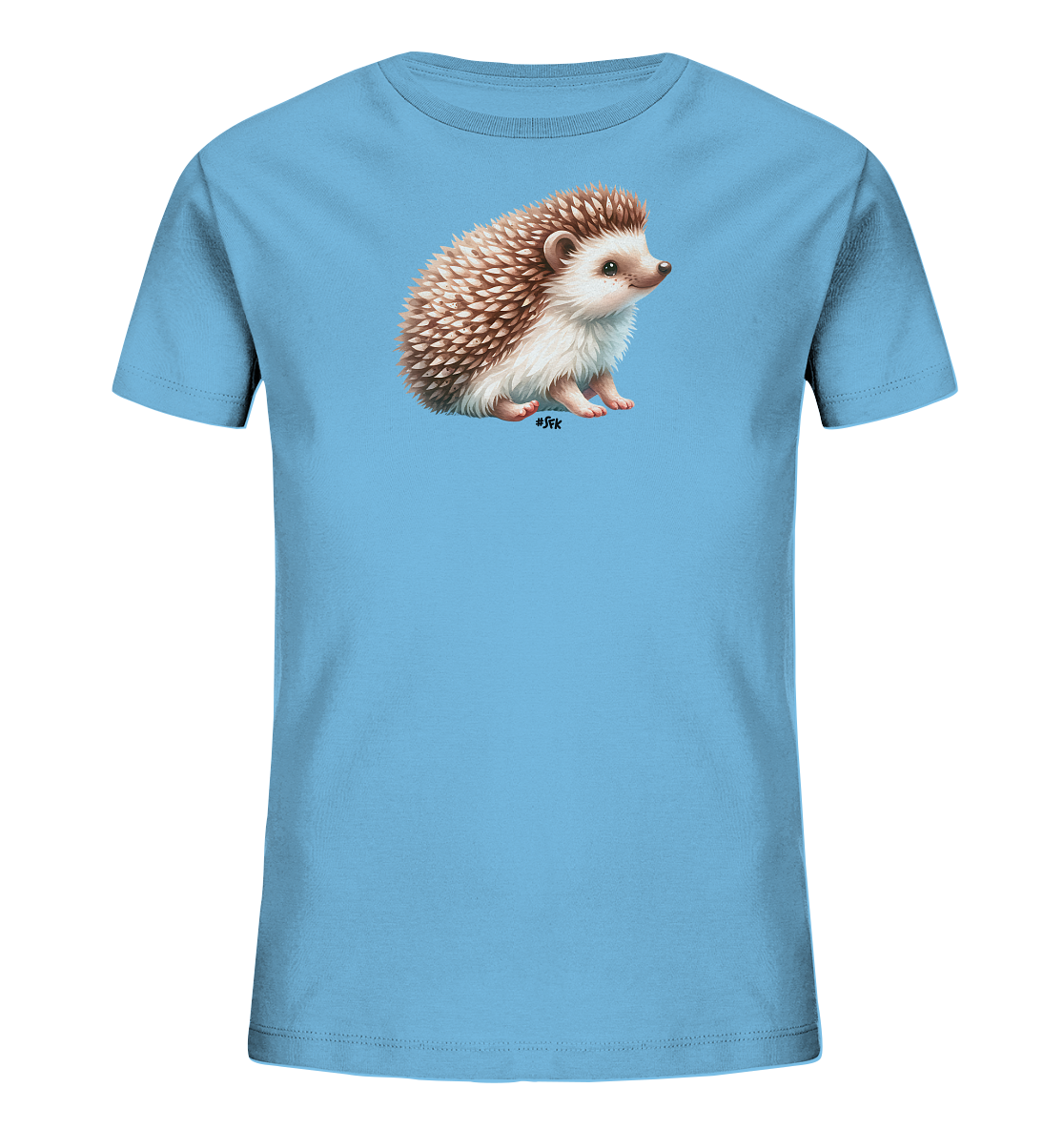 Onlineshop Shirts fuer Kinder - Das Bild zeigt ein hellblaues T-Shirt fuer Kinder mit einem detaillierten Motiv eines Igels. Der Igel ist naturgetreu dargestellt mit braun-weissen Stacheln und sitzt seitlich. Die Illustration wirkt charmant und freundlich, ideal fuer tierliebe Kinder.