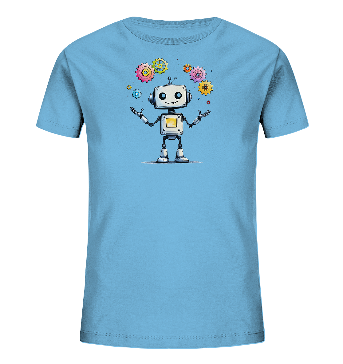 Onlineshop Shirts für Kinder - Das Bild zeigt ein hellblaues Kinder-T-Shirt, präsentiert vor einem schlichten schwarzen Hintergrund. Auf der Vorderseite ist eine verspielte Illustration eines kleinen weißen Roboters mit einem freundlichen Gesicht abgebildet. Der Roboter hat seine Arme leicht erhoben, während um seinen Kopf herum bunte Zahnräder in verschiedenen Größen und Farben schweben. Das Design kombiniert kindliche Niedlichkeit mit technischen Elementen und wirkt fröhlich.