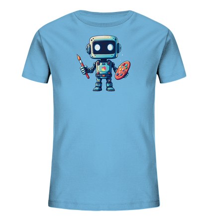 Onlineshop Shirts für Kinder - Dieses hellblaue Kinder-T-Shirt zeigt einen niedlichen, künstlerischen Roboter auf der Vorderseite. Der Cartoon-Roboter ist mit Kopfhörern ausgestattet und hält in einer Hand einen Pinsel sowie in der anderen eine Malerpalette voller bunter Farben. Seine großen Augen und detaillierte Gestaltung verleihen ihm einen freundlichen Ausdruck, passend zum Thema Kunst und Kreativität. Das Design ist farbenfroh und ansprechend gestaltet, ideal für kleine Kunstliebhaber.