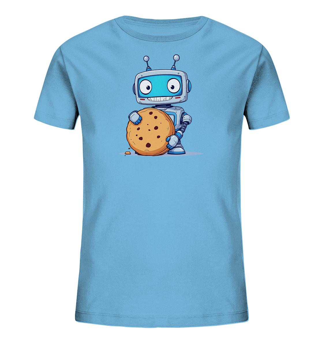 Onlineshop Shirts für Kinder - Das Bild zeigt ein hellblaues T-Shirt für Kinder, auf dem ein cartoonhafter Roboter abgebildet ist. Der kleine, freundlich lächelnde Roboter mit Antennen und Bildschirmgesicht hält einen großen Schokoladenchip-Keks in seinen Händen. Das Motiv ist farbenfroh und detailreich gestaltet, mit einem kleinen Keks-Krümel am Boden. Dieses lustige Design macht das Shirt zu einem attraktiven Kleidungsstück für Kinder.