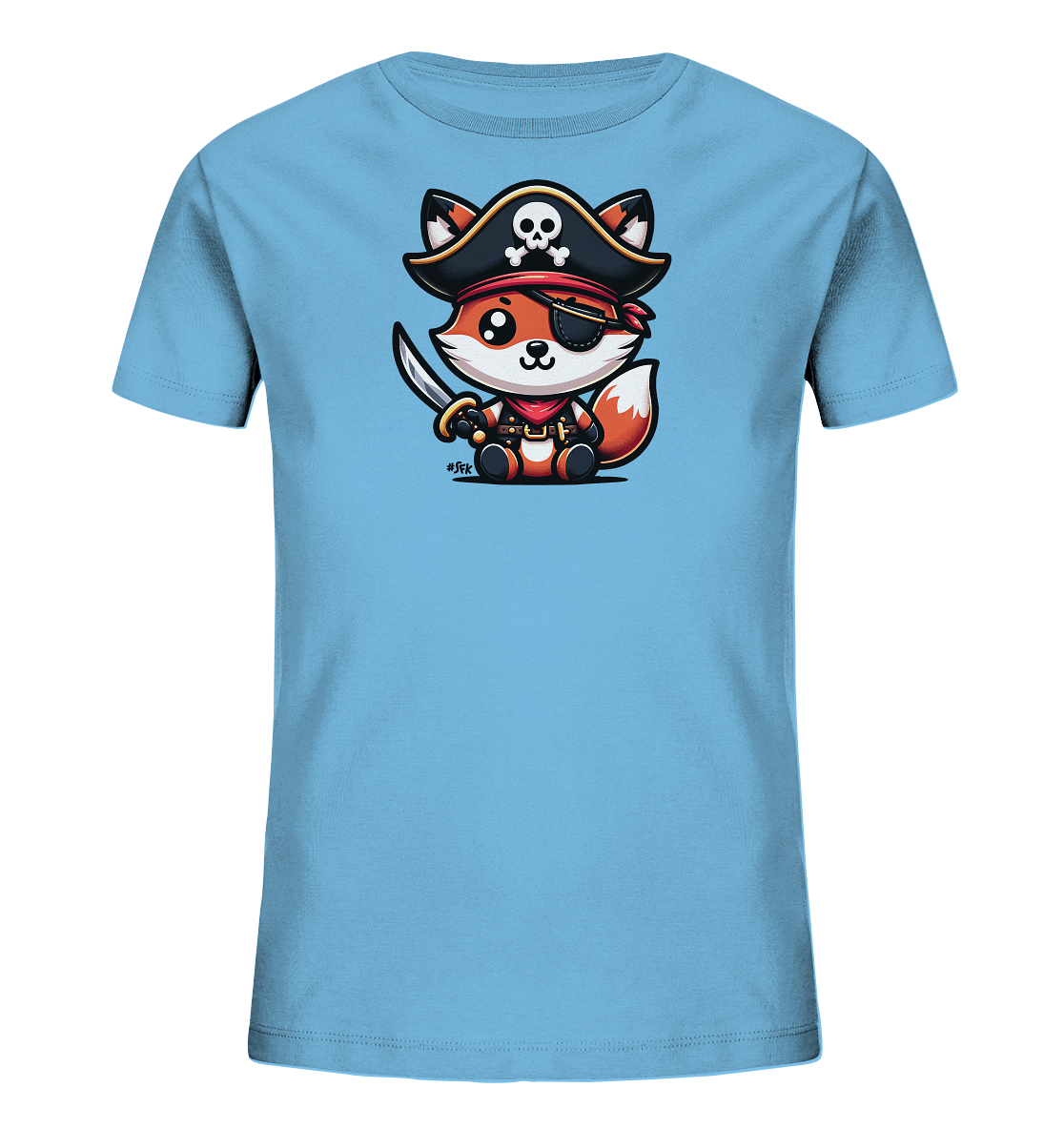 Onlineshop Shirts fuer Kinder - Das Bild zeigt ein hellblaues Kinder-T-Shirt mit einem niedlichen Motiv. Darauf abgebildet ist ein Cartoon-Fuchs, der als Pirat verkleidet ist. Der Fuchs traegt einen Piratenhut mit Totenkopf, eine Augenklappe und haelt einen Saebel. Das Design wirkt verspielt und abenteuerlich.