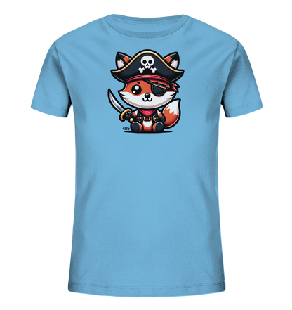 Onlineshop Shirts fuer Kinder - Das Bild zeigt ein hellblaues Kinder-T-Shirt mit einem niedlichen Motiv. Darauf abgebildet ist ein Cartoon-Fuchs, der als Pirat verkleidet ist. Der Fuchs traegt einen Piratenhut mit Totenkopf, eine Augenklappe und haelt einen Saebel. Das Design wirkt verspielt und abenteuerlich.