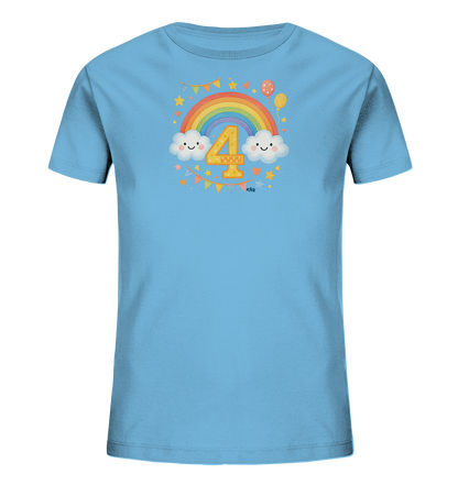 Onlineshop Shirts fuer Kinder - Das Bild zeigt ein hellblaues Kinder-T-Shirt mit einem farbenfrohen und froehlichen Design. Im Zentrum des Motivs steht eine grosse gelbe Zahl '4', umrahmt von einem Regenbogen und zwei laechelnden Wolken. Sterne, Herzen, Luftballone und Wimpelketten ergaenzen das festliche Bild. Das Design wirkt insgesamt heiter und verspielt.