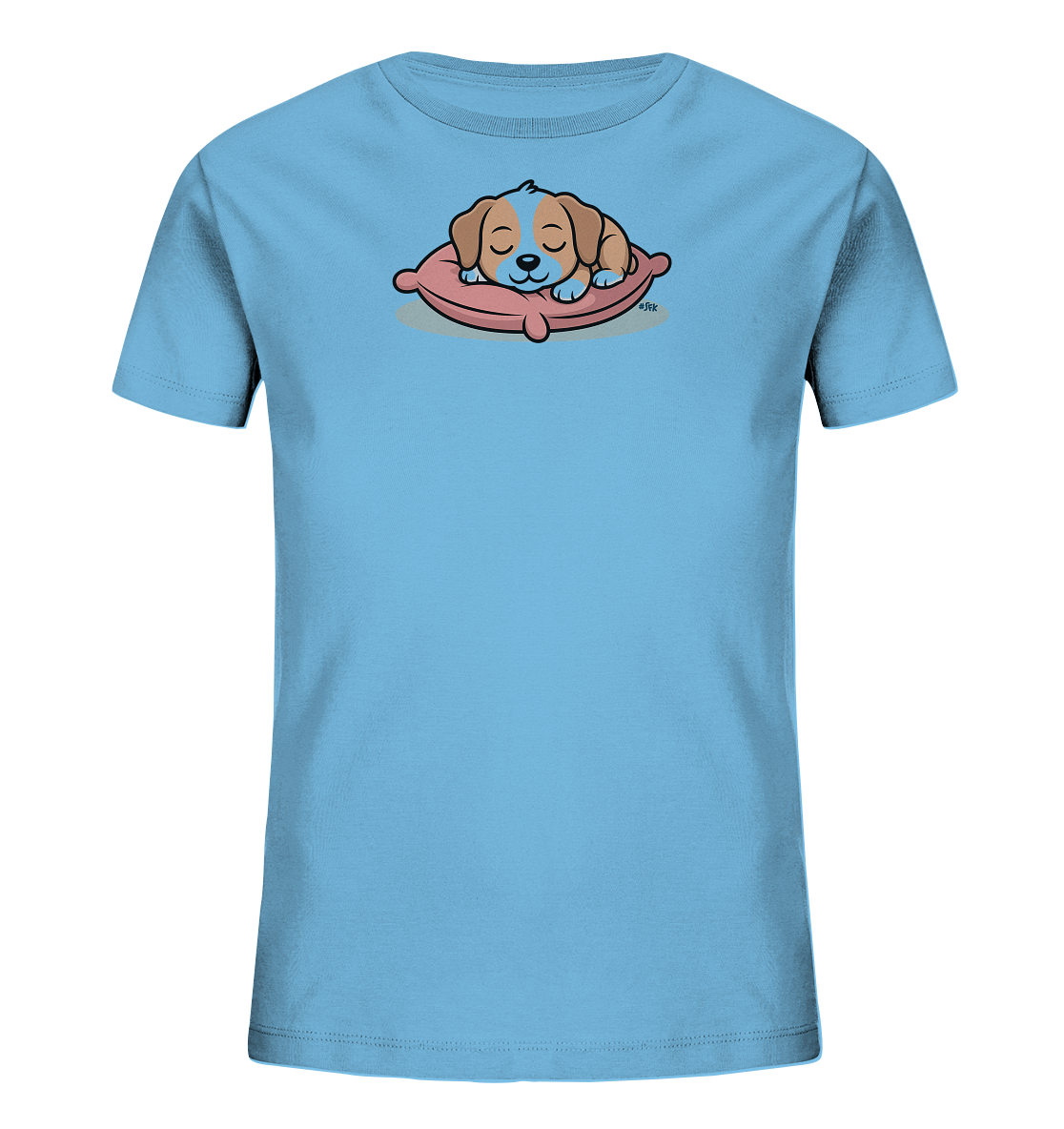 Onlineshop Shirts fuer Kinder - Das Bild zeigt ein hellblaues T-Shirt fuer Kinder. Auf der Vorderseite ist eine niedliche Illustration eines schlafenden Hundes zu sehen, der auf einem rosafarbenen Kissen liegt. Der Welpe hat braunes und hellblaues Fell und wirkt sehr friedlich. Dieses Design verleiht dem Shirt einen ruhigen und verspielten Charakter, ideal fuer Kinder.