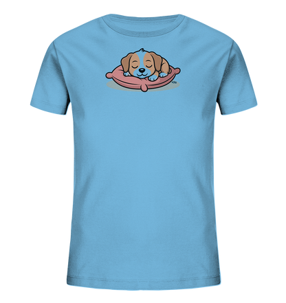 Onlineshop Shirts fuer Kinder - Das Bild zeigt ein hellblaues T-Shirt fuer Kinder. Auf der Vorderseite ist eine niedliche Illustration eines schlafenden Hundes zu sehen, der auf einem rosafarbenen Kissen liegt. Der Welpe hat braunes und hellblaues Fell und wirkt sehr friedlich. Dieses Design verleiht dem Shirt einen ruhigen und verspielten Charakter, ideal fuer Kinder.