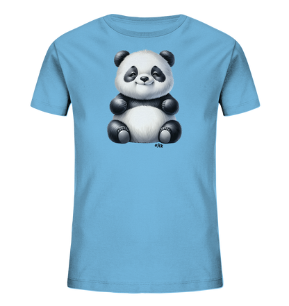 Kinder T-Shirt mit ein sitzender Panda mit schwarz-weißem Fell und freundlichem Lächeln