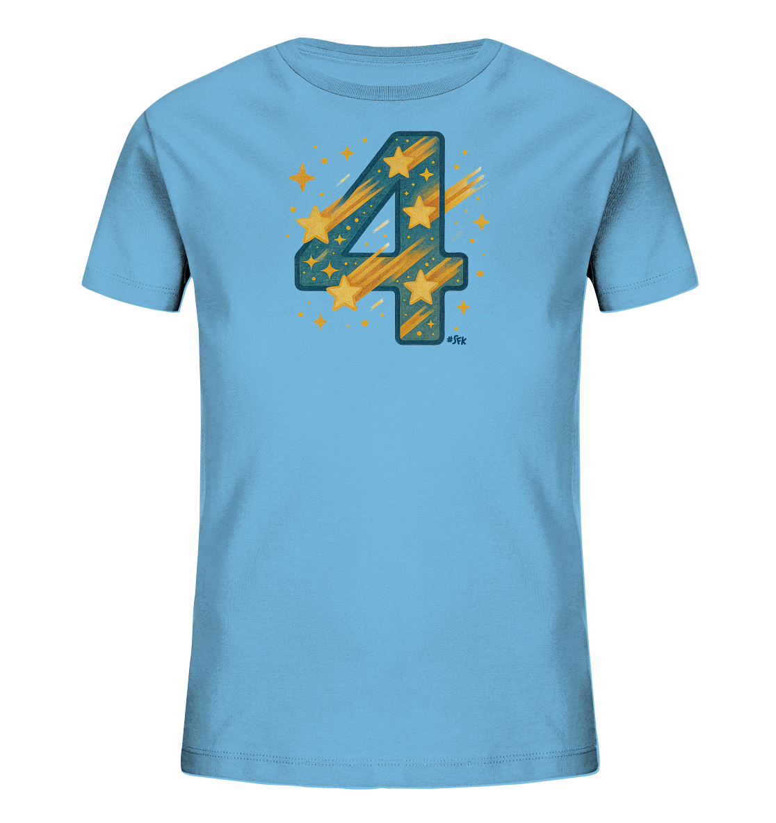 Onlineshop Shirts fuer Kinder - Das Bild zeigt ein hellblaues Kinder-T-Shirt. Auf der Vorderseite ist eine grosse Zahl "4" abgebildet, die in dunklem Tuerkis gehalten ist. Die Zahl ist mit einem Muster aus gelben Sternen und orangefarbenen Streifen verziert, die an Sternschnuppen erinnern. Kleine, leuchtende Sterne sind um die Zahl herum verteilt und verleihen dem Design eine himmlische Note.